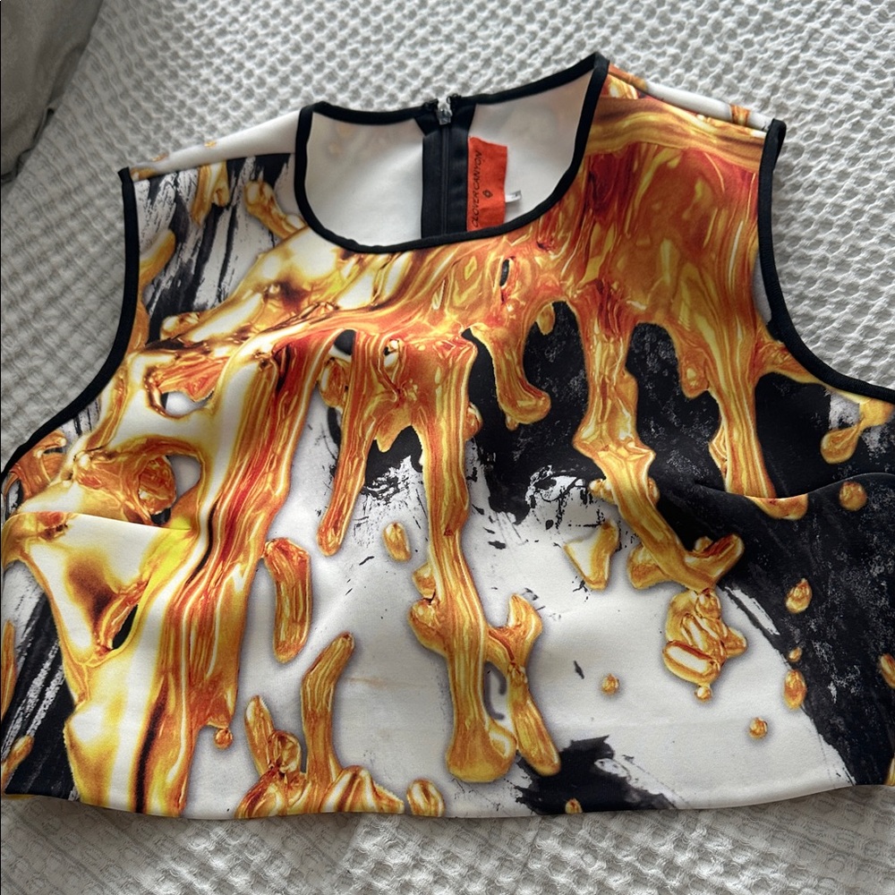 Clover Canyon White, Black & Gold Abstract Drip Crop Top
